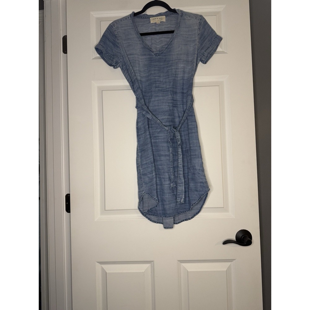 Anthropologie Cloth And Stone Chambray Short Sleeve Tie Waist Mini Dress Small